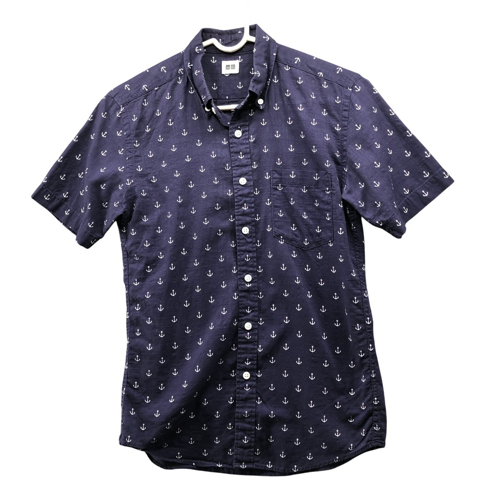 Uniqlo Anchor Print Button Down Shirt Mens XS Navy Blue Nautical Short Sleeve
